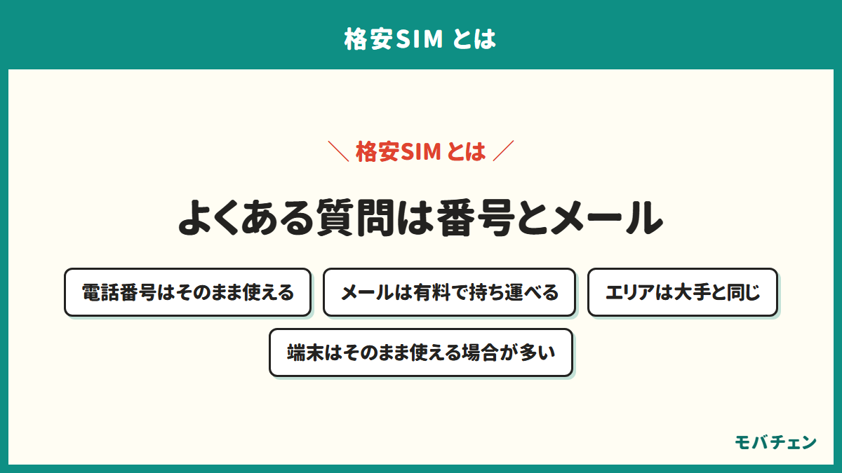 格安SIMのよくある質問をまとめた図。電話番号はそのまま使える、キャリアメールは有料で持ち運べる、エリアは大手と同じ、いまの端末もそのまま使える場合が多い