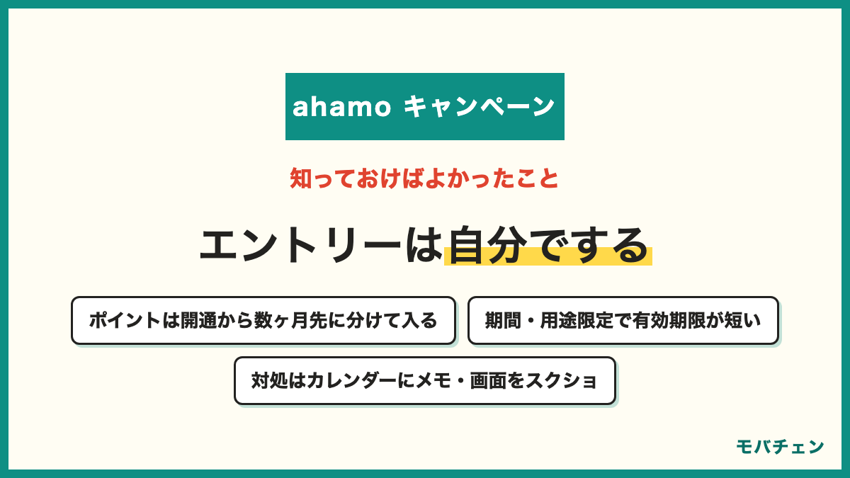 ahamoのキャンペーンで事前に知っておけばよかったこと エントリーを自分でしないと特典がもらえない ポイントの進呈は開通から数ヶ月先で分割 進呈されるのは期間・用途限定ポイントで有効期限が短い SIMのみ特典と端末割引は片方だけ ドコモからの変更は還元が少ない 対処はカレンダーにメモ・スクショを残す