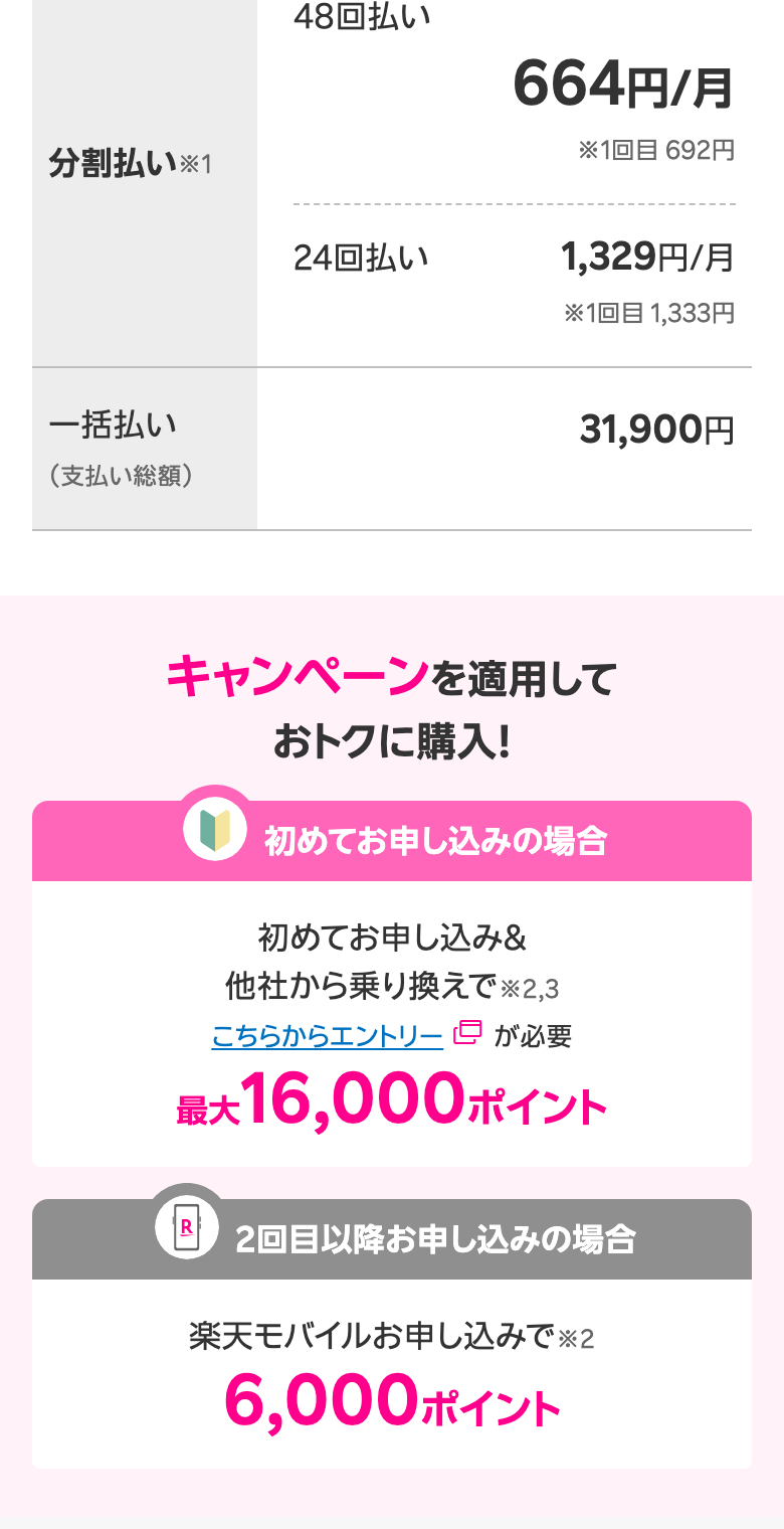 楽天モバイル公式のAQUOS wish5の価格表。分割払い48回払い664円/月（1回目692円）、24回払い1,329円/月（1回目1,333円）、一括払い（支払い総額）31,900円。下にキャンペーンの案内（初めての申し込みと他社から乗り換えで最大16,000ポイント、2回目以降の申し込みで6,000ポイント）