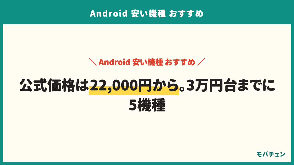 7社の現行の安いAndroidの公式価格と仕様。Galaxy A25 5G：ドコモ・UQモバイル22,000円・RAM 4GB／ROM 64GB・5,000mAh。moto g06：26,800円・128GB・5,200mAh・4G。AQUOS wish5：楽天モバイル31,900円・RAM 4GB／ROM 128GB・5,000mAh・おサイフケータイ・防水。Redmi 15 5G：31,980円（4GB／128GB）・36,980円（8GB／256GB）・7,000mAh・おサイフケータイ。OPPO A5 5G：36,800円・RAM 4GB／ROM 128GB・6,000mAh・おサイフケータイ。Xperia 10 VII：74,800円・RAM 8GB・OS更新4回・セキュリティ6年。Pixel 10a：79,900円・7年更新。2026年9月14日確認