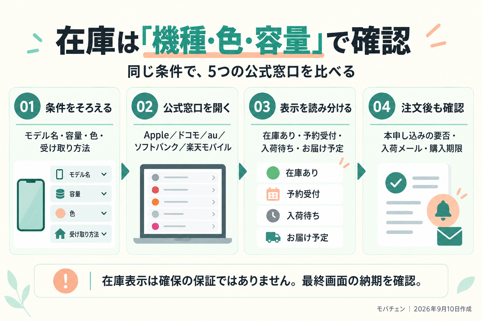 iPhoneの在庫確認はモデル・容量・色・受け取り方法をそろえ、Appleと4キャリアの在庫表示、納期、本申し込み期限を確認する。