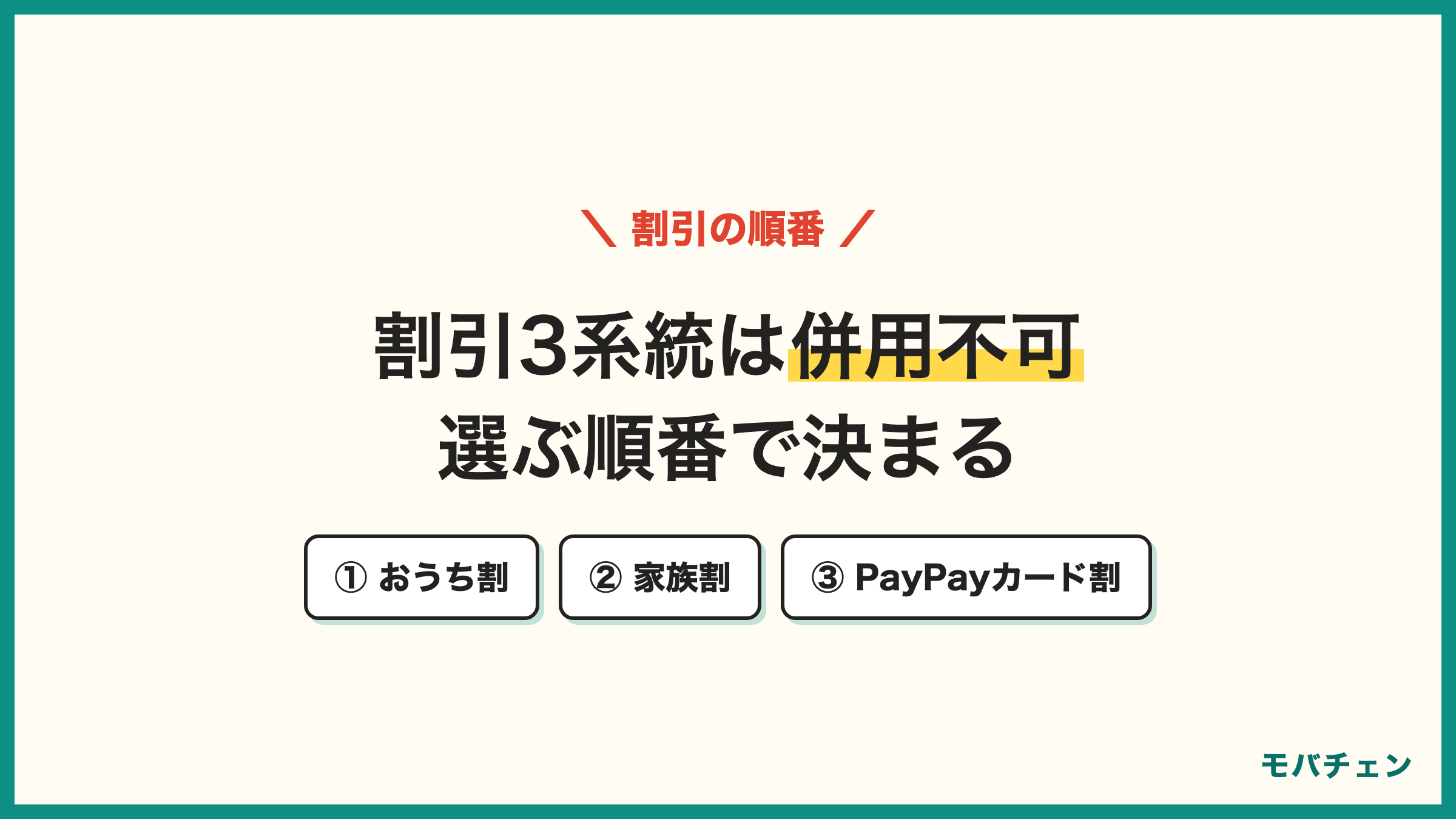 ワイモバイルの割引3系統 おうち割光セットA 家族割引サービス PayPayカード割 併用不可なので1つを選ぶ