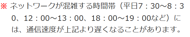 mineo公式の通信速度のよくある質問。ネットワークが混雑する時間帯（平日7時30分から8時30分、12時から13時、18時から19時など）には通信速度が遅くなることがあると書かれている