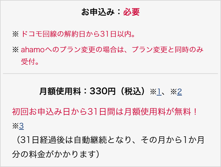 ドコモメール持ち運びの公式ページ。月額使用料330円（税込）と、ドコモ回線の解約日から31日以内の申し込みが必要と書かれている