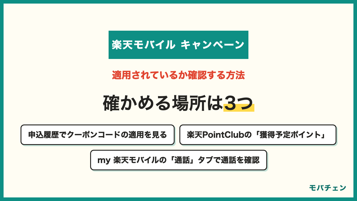 楽天モバイルのキャンペーンが適用されているか確認する方法 申込履歴でクーポンコードの適用を見る 楽天PointClubの獲得予定ポイント my 楽天モバイルの通話タブでRakuten Linkの通話を確認