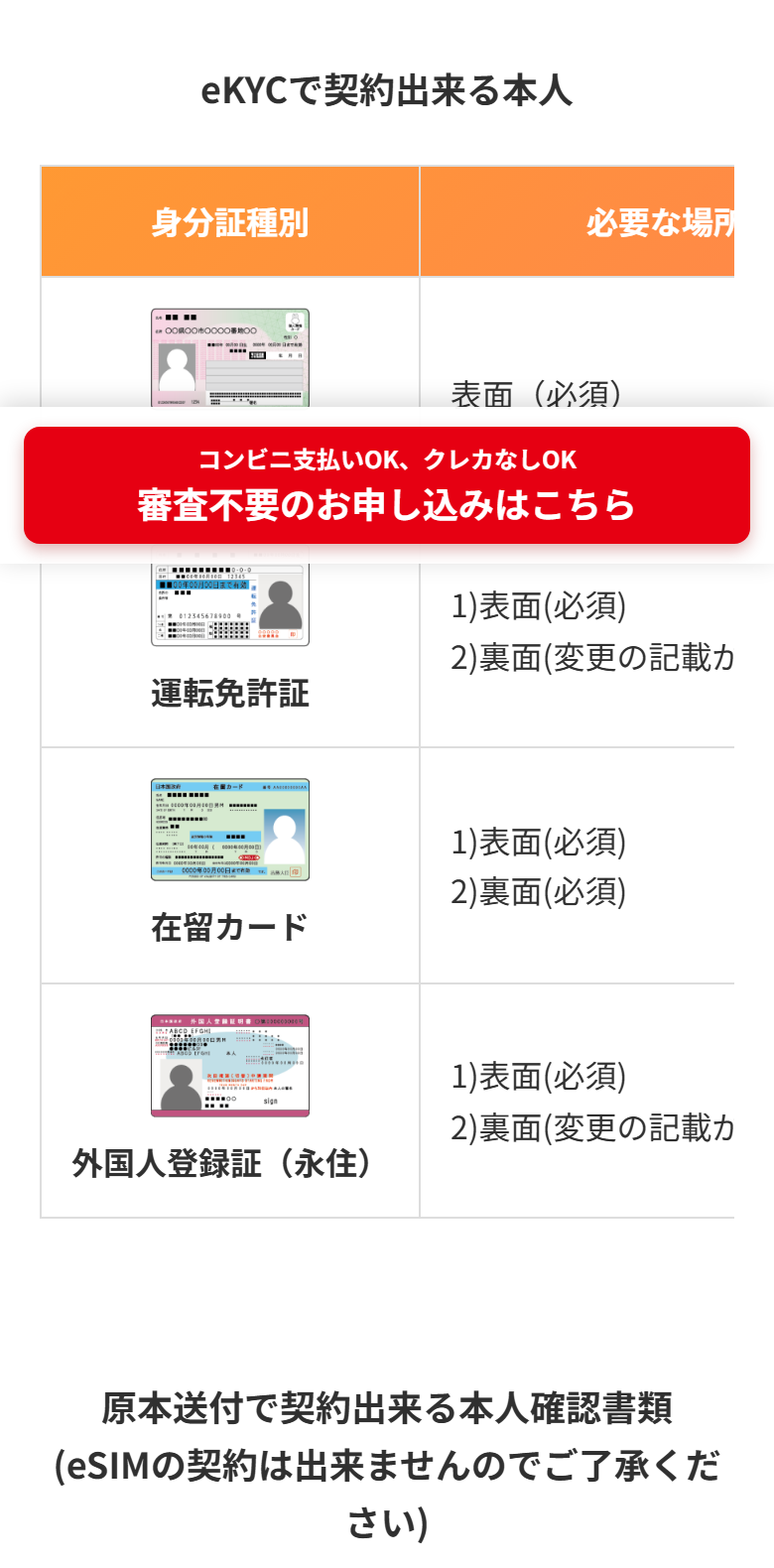 だれでもモバイル公式サイトの「お申し込み必要書類」ページ。本人確認書類の種類と条件が表示されている