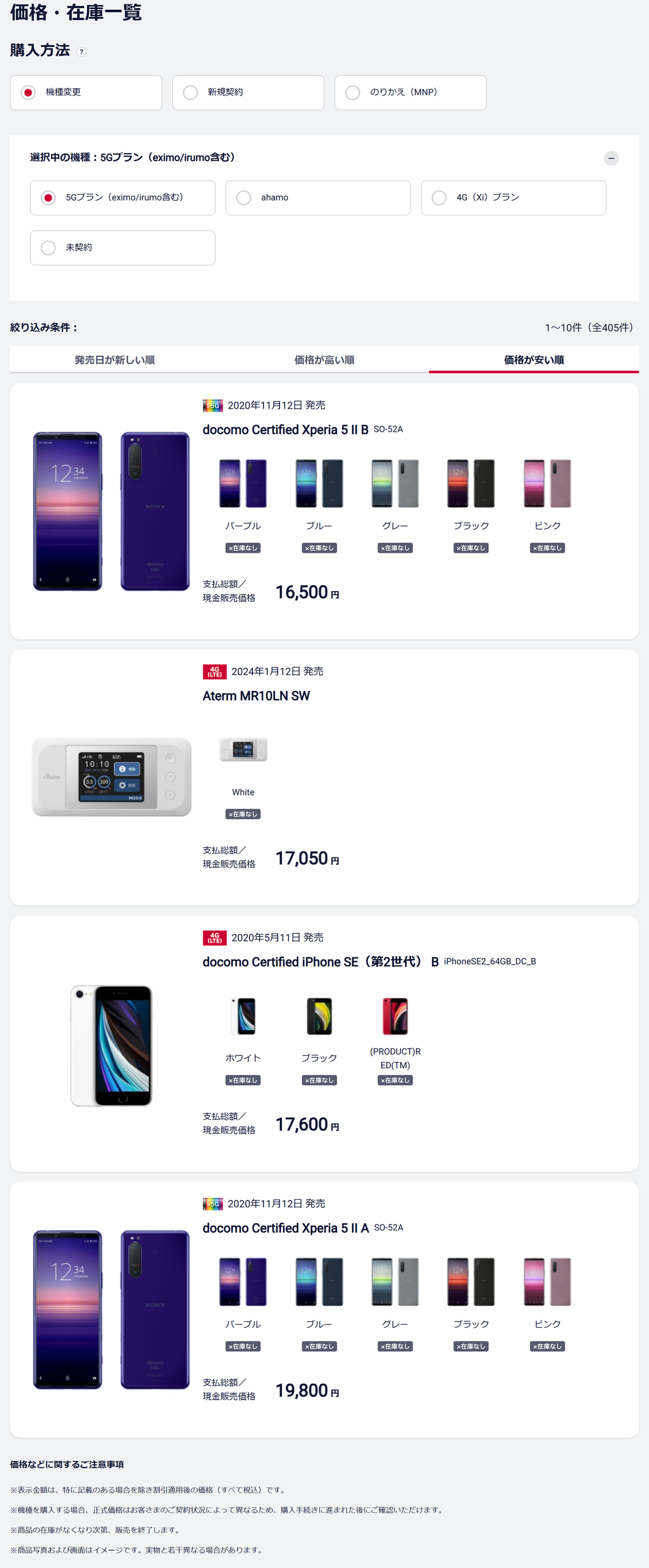 ドコモオンラインショップの価格・在庫一覧の画面。購入方法が機種変更に選択され、1〜10件（全405件）と表示され、価格が安い順のタブが選ばれている。docomo Certified Xperia 5 II Bが16,500円で全5色が在庫なし、Aterm MR10LN SWが17,050円、docomo Certified iPhone SE（第2世代）Bが17,600円、docomo Certified Xperia 5 II Aが19,800円と並び、画面下に表示金額は割引適用後の価格という注記がある