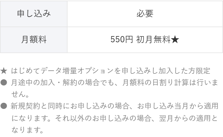 ワイモバイル公式のデータ増量オプションのページ。申し込みが必要で月額料は550円、初月無料と書かれている。あわせて、月途中の加入・解約の場合でも月額料の日割り計算は行わないことが注記されている