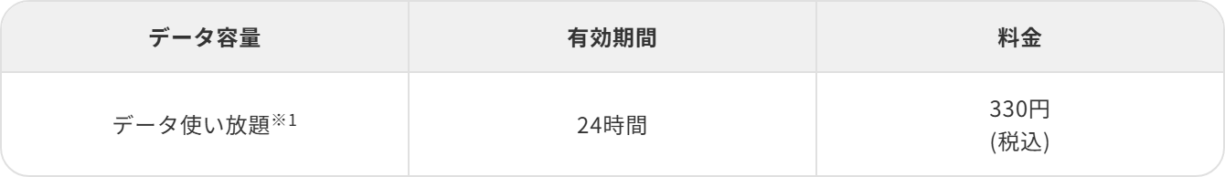 povo公式のトッピング詳細ページ。データ使い放題24時間の表に、データ容量は使い放題、有効期間は24時間、料金は330円税込と書かれている