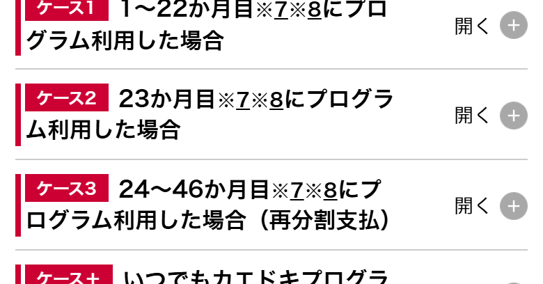 いつでもカエドキプログラムの公式ページ。ケース1が1から22ヶ月目、ケース2が23ヶ月目、ケース3が24から46ヶ月目の再分割支払と、利用時期で3つに分かれている