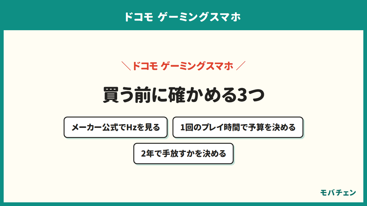 ドコモで買う前に確かめる3つ。メーカー公式でリフレッシュレートを見る、返却プログラムの条件を読む、2年で手放すかどうかを決める