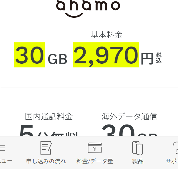ahamo公式の画面。30GBの基本料金が2,970円、国内通話料金は5分無料で超過後22円／30秒、海外データ通信は30GBまで無料と書かれている