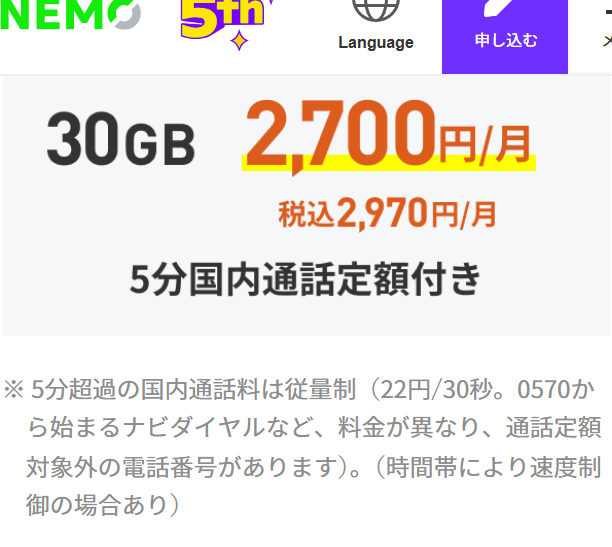 LINEMO公式の画面。30GBが2,700円／月（税込2,970円／月）で、5分国内通話定額付きと書かれている