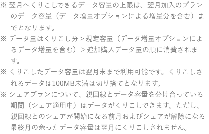 ワイモバイルのデータ増量オプションのページ。翌月へくりこしできる容量の上限、くりこしたデータは翌月末まで利用可能、100MB未満は切り捨てと書かれている画面