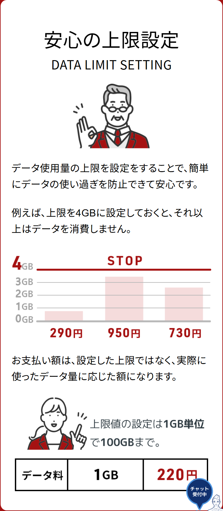 日本通信SIM公式の上限設定の説明。上限を4GBに設定するとそれ以上はデータを消費しないこと、上限値の設定は1GB単位で100GBまでで、データ料が1GBあたり220円であることが書かれている