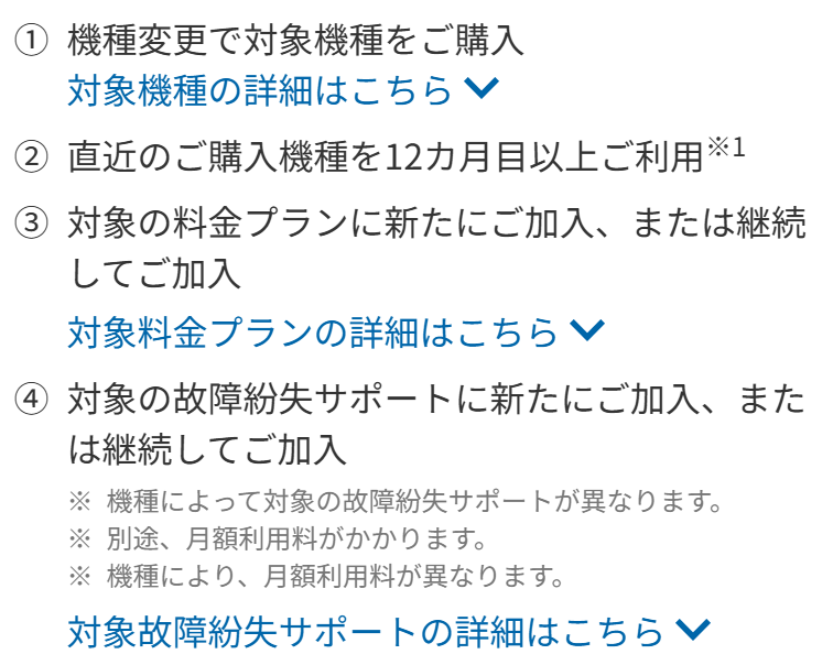 auの5G機種変更おトク割の適用条件。機種変更で対象機種を購入、直近の購入機種を12カ月目以上利用、対象の料金プランに加入、対象の故障紛失サポートに加入の4つを同時に満たす必要があると書かれている