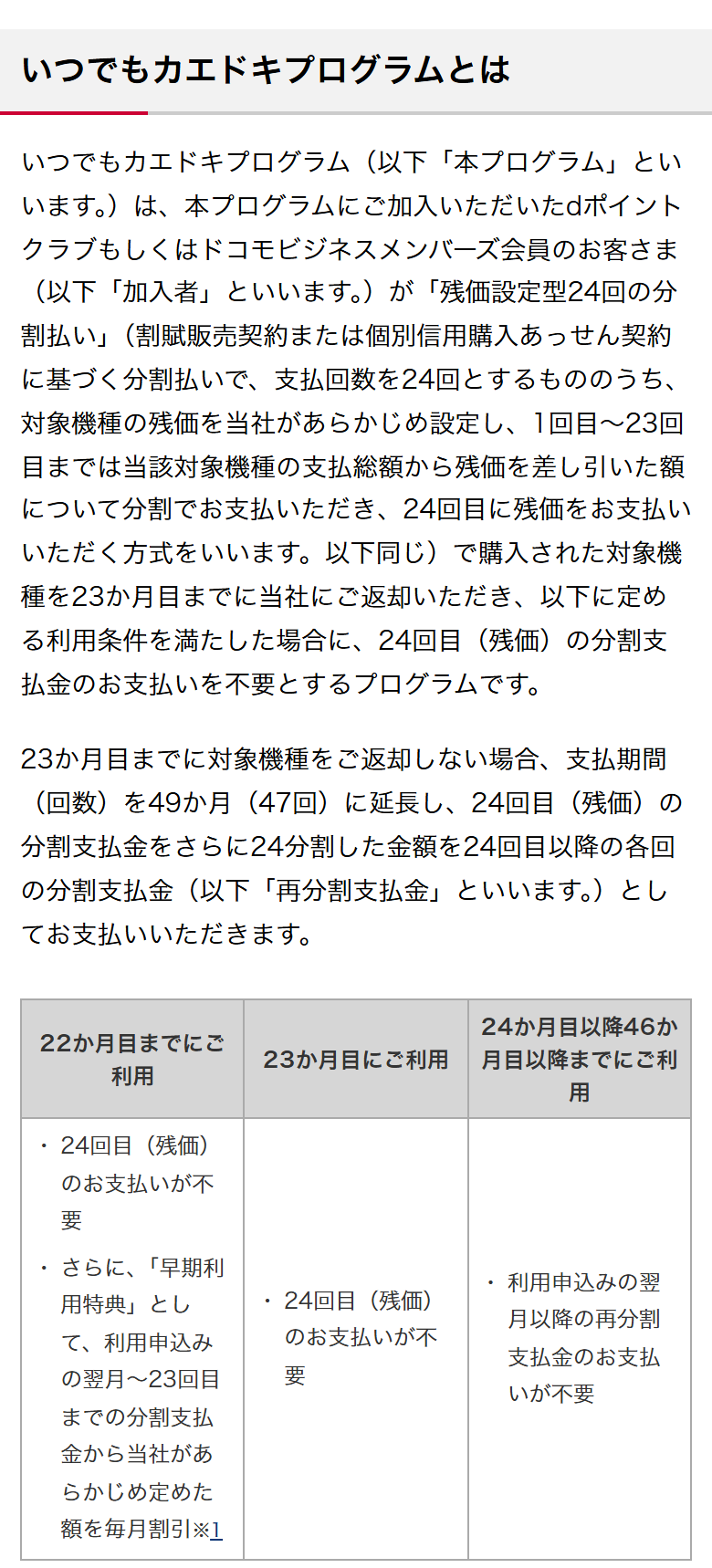 ドコモのいつでもカエドキプログラムのページ。残価設定型24回払いで購入し、23か月目までに返却すると24回目の支払いが不要になる仕組みが表示されている