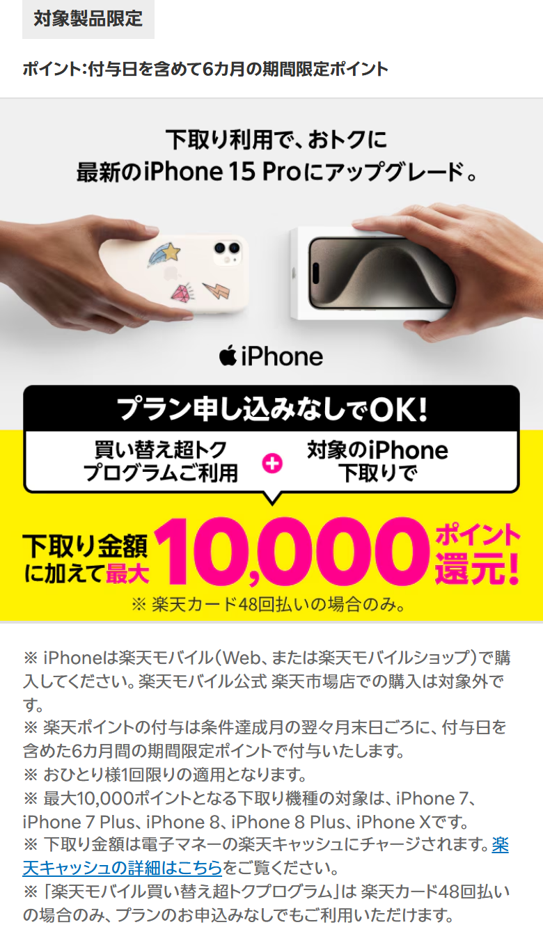 楽天モバイル公式のキャンペーンページ。買い替え超トクプログラムでの新規購入と下取りで最大10,000ポイントが還元されること、ポイントは付与日を含めて6ヶ月の期間限定ポイントであることが書かれている