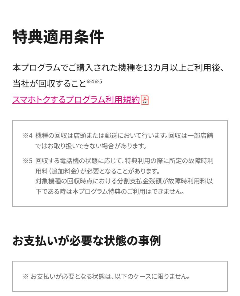 スマホトクするプログラムの特典適用条件。13ヶ月以上利用したあとに回収されることが条件で、回収する端末の状態によって故障時利用料がかかると記載されている