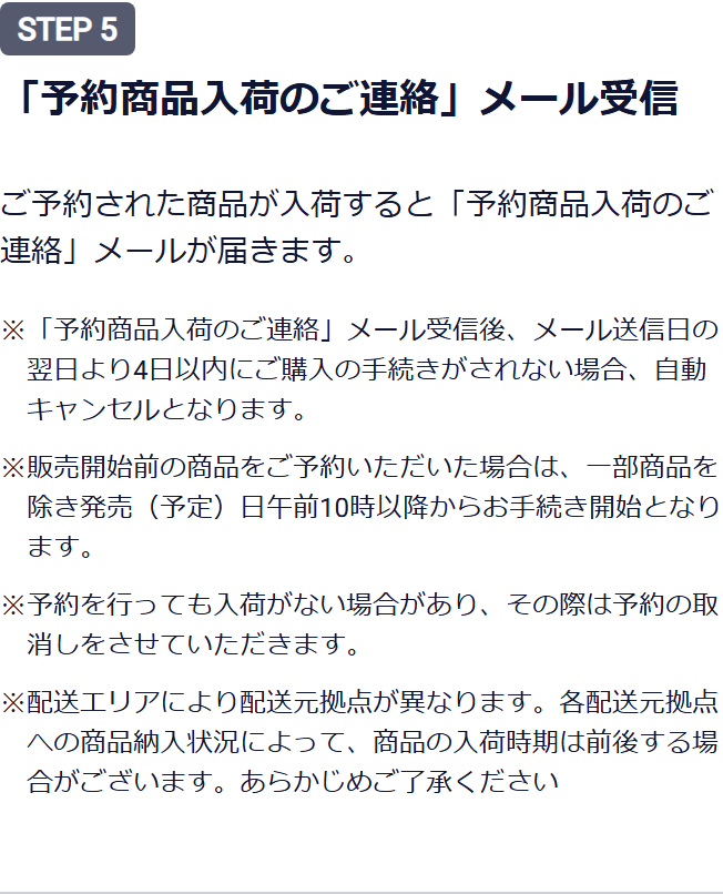ドコモオンラインショップの予約方法のページ。「予約商品入荷のご連絡」メール受信後、メール送信日の翌日より4日以内に購入手続きがされない場合は自動キャンセルになると書かれている