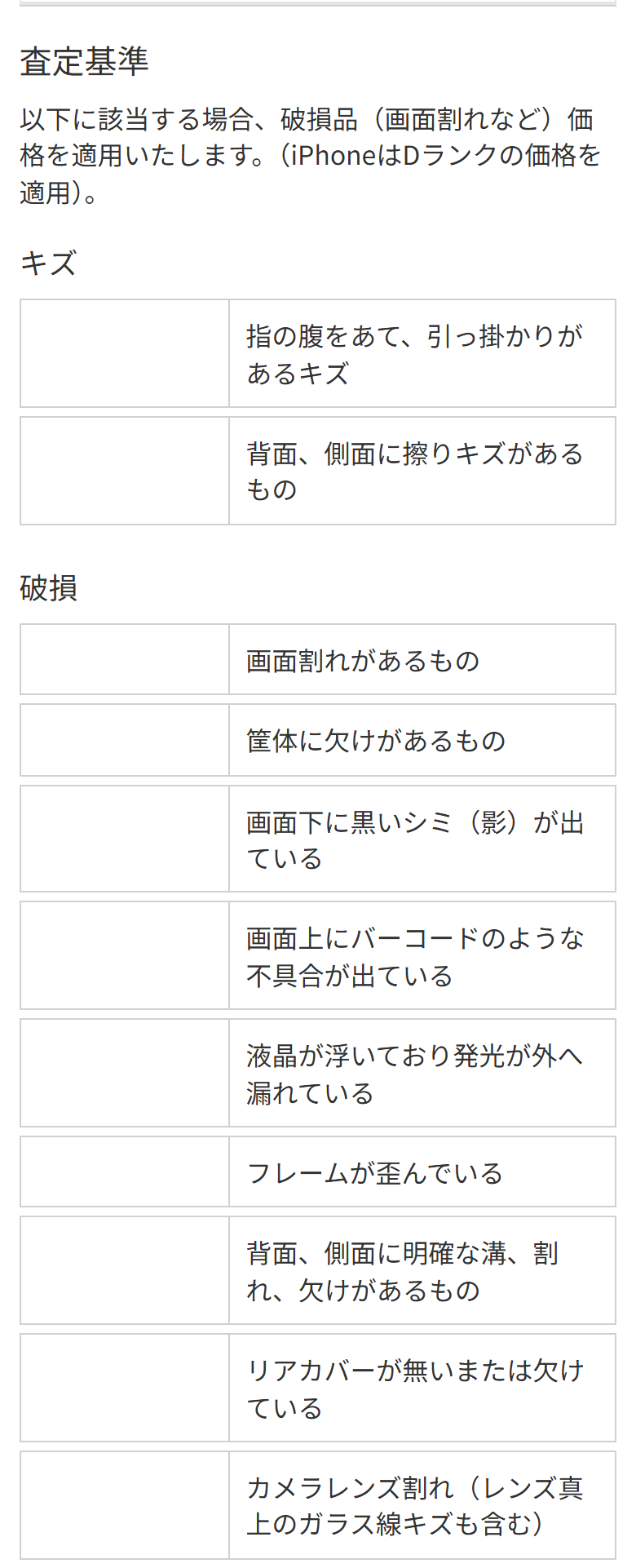 au公式の下取りプログラムのページ。正常品と破損品の区分と、画面割れや筐体の欠け、カメラレンズ割れがあると破損品として扱われることが書かれている