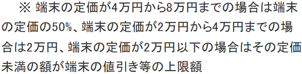 総務省の情報提供窓口のページの注記。端末の定価が4万円から8万円までは定価の50%、2万円から4万円までは2万円、2万円以下はその定価未満の額が上限だと書かれている
