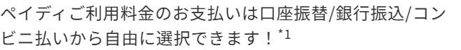 povo公式。ペイディご利用料金のお支払いは口座振替、銀行振込、コンビニ払いから自由に選択できますと書かれている画面