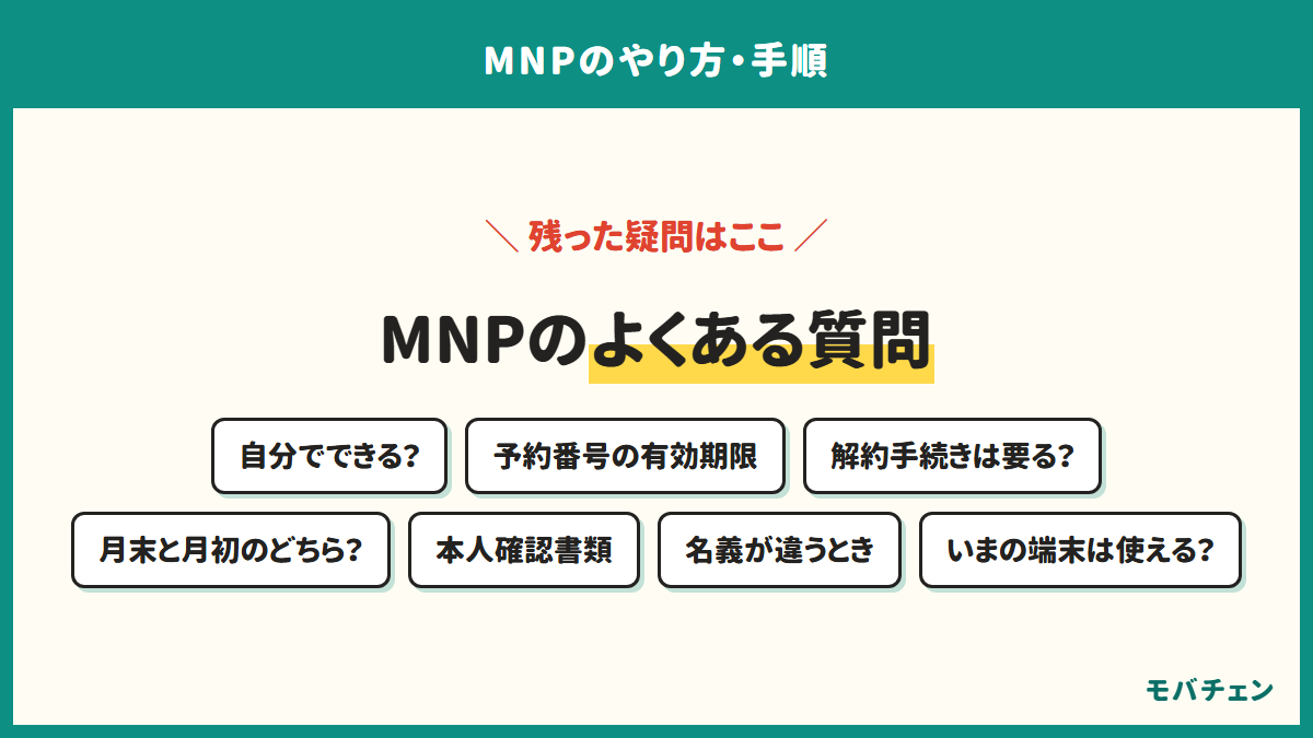 MNPのよくある質問。自分でできるか、予約番号の有効期限、解約手続きは要るか、月末と月初のどちらか、本人確認書類、名義が違うとき、いまの端末は使えるか
