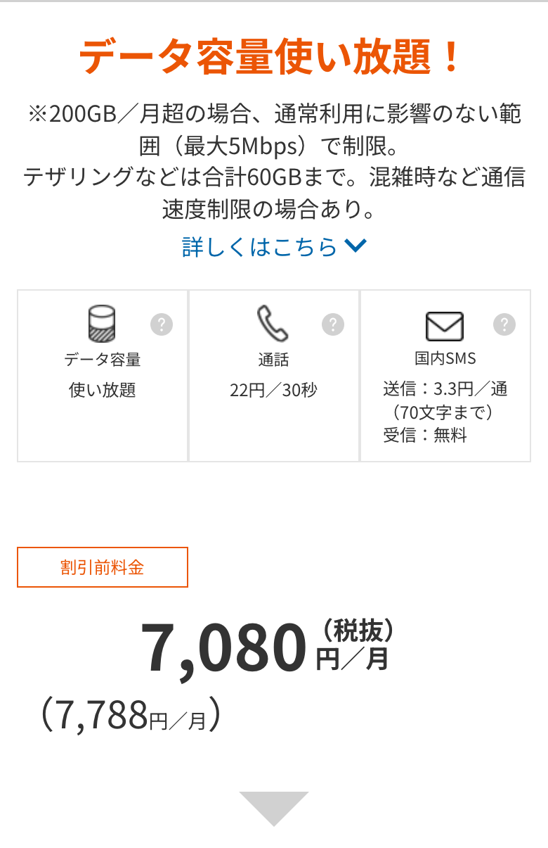 au公式の使い放題MAX+ 5G/4Gのページ。データ容量使い放題。200GB/月超の場合、通常利用に影響のない範囲(最大5Mbps)で制限。テザリングなどは合計60GBまで。混雑時など通信速度制限の場合あり。データ容量は使い放題、通話22円/30秒。割引前料金7,080円(税抜)、7,788円/月