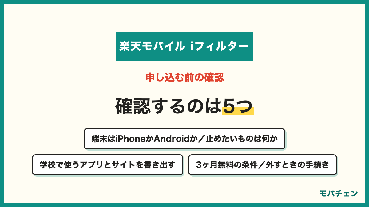楽天モバイルのフィルタリングを申し込む前に確認する5つ 子どもの端末はiPhoneかAndroidか 止めたいものは何か 学校で使うアプリとサイトを書き出す 3ヶ月無料と料金の条件 外すときの手続き