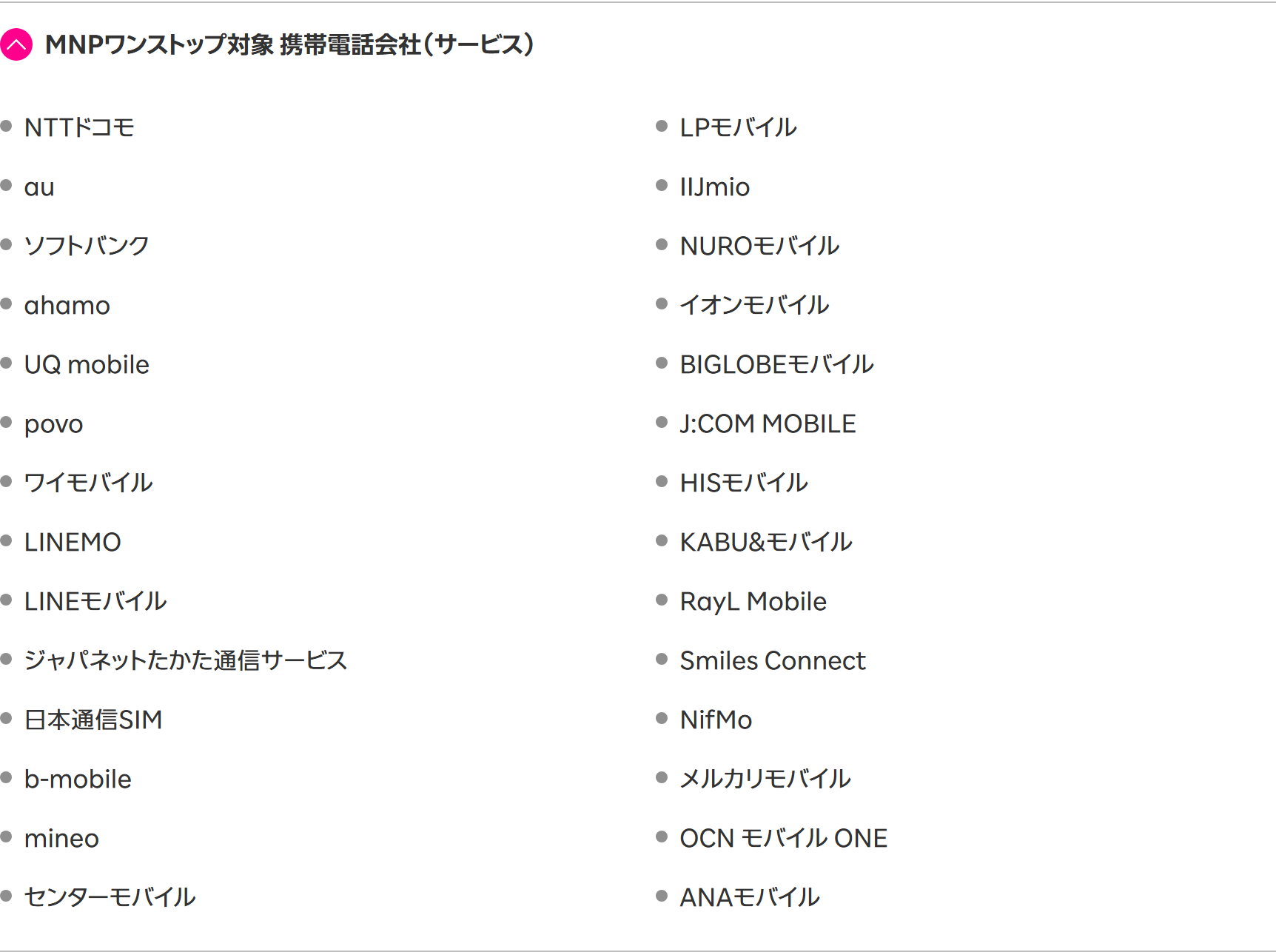 楽天モバイル公式のMNPワンストップ対象携帯電話会社の一覧。NTTドコモ、au、ソフトバンク、ahamo、UQ mobile、povo、ワイモバイル、LINEMO、LINEモバイル、日本通信SIM、mineo、IIJmio、NUROモバイル、イオンモバイル、BIGLOBEモバイル、OCN モバイル ONEなどが2列で並んでいる