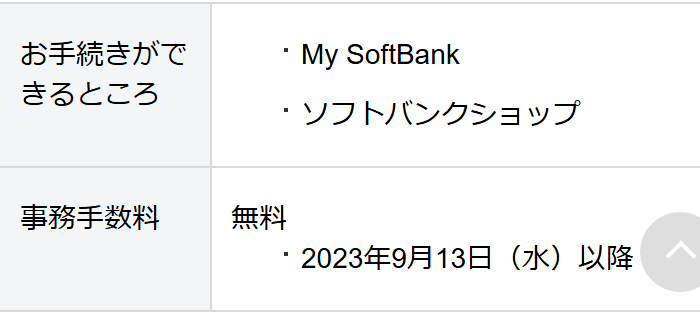 ソフトバンク公式サイトの、My SoftBankとソフトバンクショップのどちらも事務手数料が無料と書かれている画面