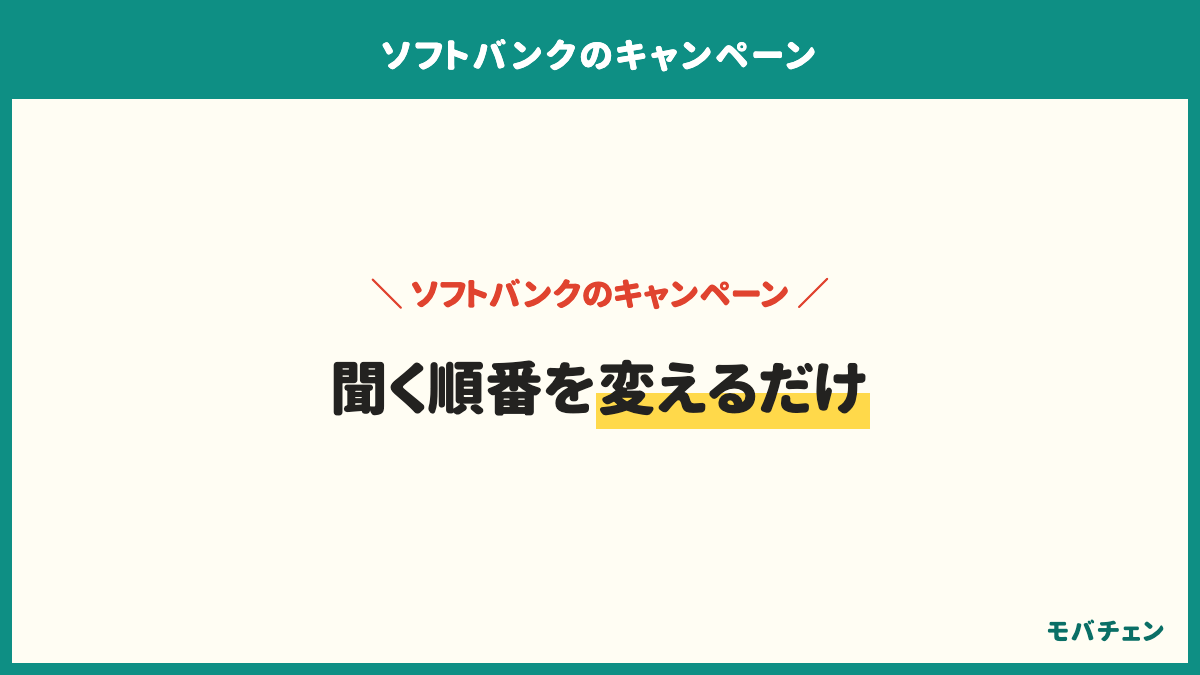 ソフトバンクは聞く順番を変えるだけ。対象プランとオプション、返すときの状態、受け取りの時期、併用できるか、そのうえで割引額。割引額はいちばん最後に聞く