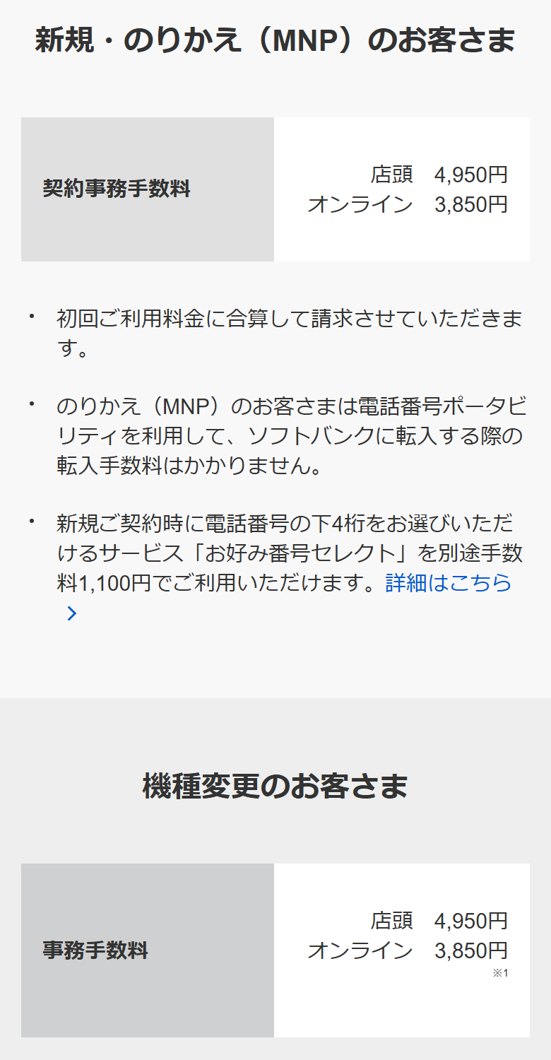 ソフトバンクの事務手数料のページ。新規・のりかえ・機種変更のいずれも店頭4,950円、オンライン3,850円と表示されている