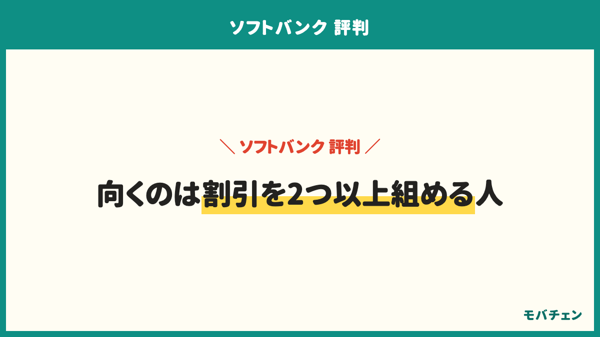 ソフトバンクが向くのは割引を2つ以上組める人。家族3回線以上でそろえられる、自宅のネットをSoftBank 光・Airにできる、困ったときに店舗で相談したい、PayPayを日常的に使っている。単身で割引を組めないなら同じ回線の安い選択肢を先に