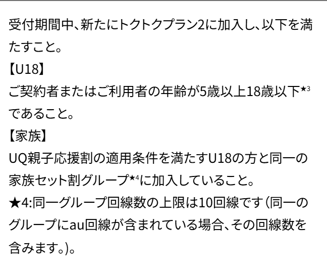 UQモバイル公式の適用条件の画面。受付期間中に新たにトクトクプラン2に加入し、U18はご契約者またはご利用者の年齢が5歳以上18歳以下であること、家族は同一の家族セット割グループに加入していることと書かれている