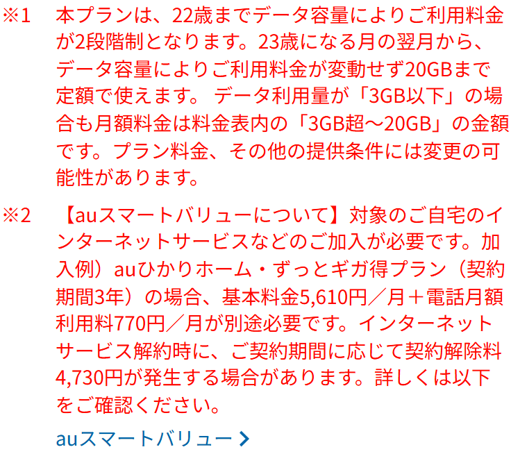 au公式の注記の画面。本プランは22歳までデータ容量によりご利用料金が2段階制となります、23歳になる月の翌月からデータ容量により利用料金が変動せず20GBまで定額で使えますと書かれている。auスマートバリューの加入例として、auひかりホーム・ずっとギガ得プランの場合に基本料金5,610円と電話月額利用料770円が別途必要で、解約時に契約解除料4,730円が発生する場合があるとも書かれている