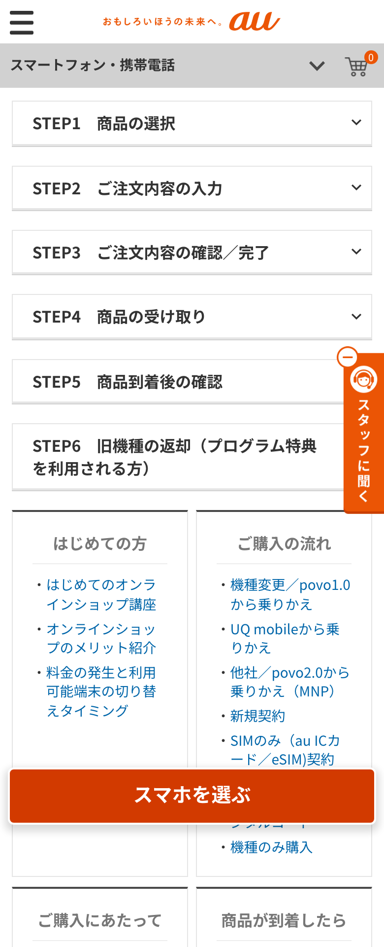 au Online Shopの機種のみ購入の案内ページ。お申し込みの流れとしてSTEP1 商品の選択からSTEP6 旧機種の返却までが並んでいる