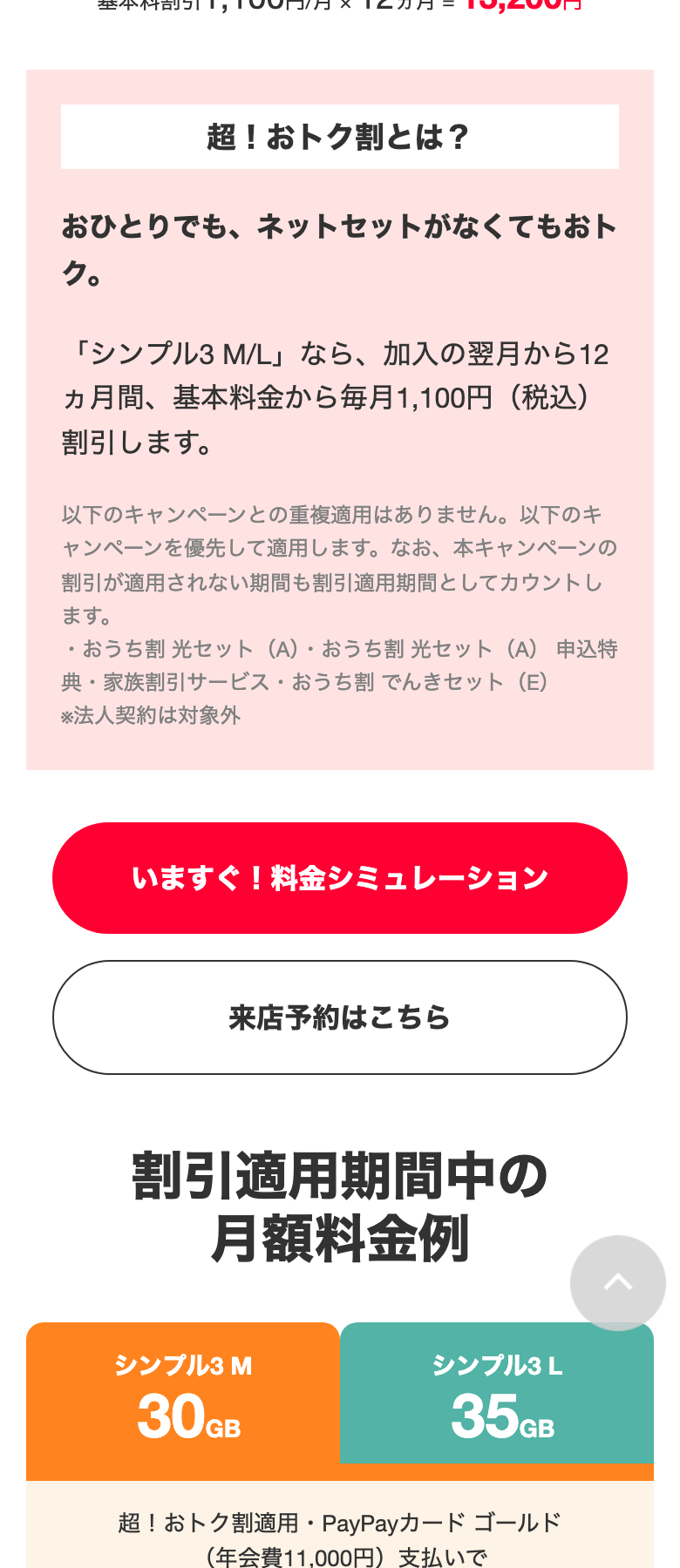 超！おトク割の説明。シンプル3 M/Lなら加入の翌月から12ヶ月間、基本料金から毎月1,100円割引。おうち割 光セット（A）・家族割引サービス・おうち割 でんきセット（E）とは重複適用されないと書かれている