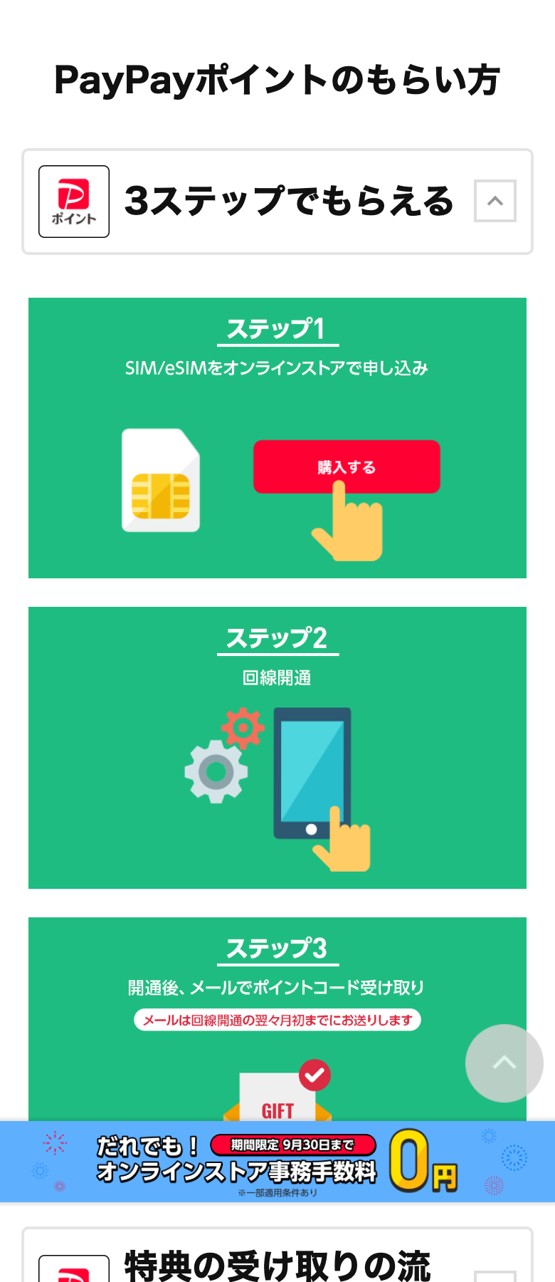 ワイモバイルのSIM契約特典でPayPayポイントをもらう3ステップ。SIMやeSIMをオンラインストアで申し込み、回線を開通し、開通後にメールでポイントコードを受け取る。メールは回線開通の翌々月初までに送られると書かれている