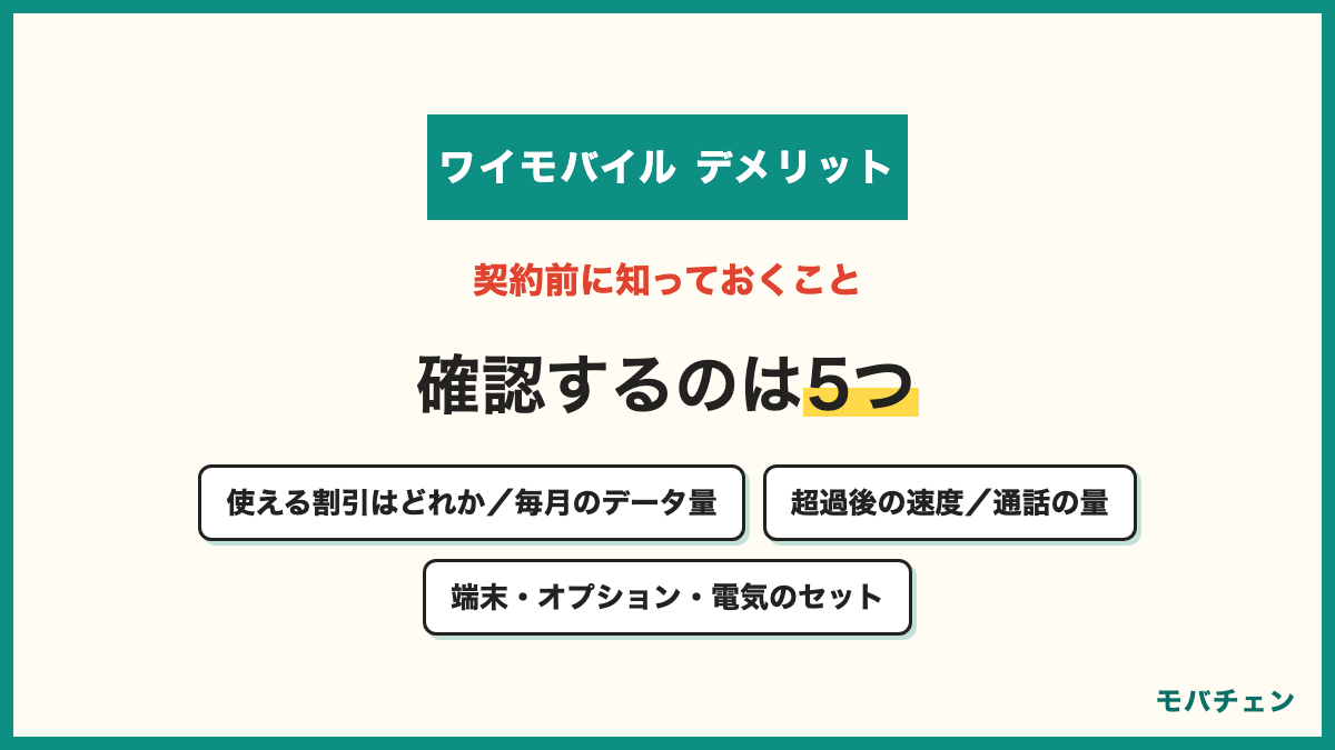 ワイモバイルのデメリットで契約前に知っておくこと 割引の併用不可 PayPayカードが条件 低速時の体感 60歳以上の通話無料の終了 電気セットの解約 確認するのは割引条件と毎月のデータ量と超過後の速度と通話の量と端末や手数料の5つ