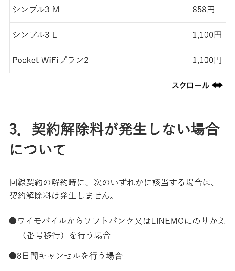 ワイモバイル公式サイトのお知らせ「契約解除料」新設について。シンプル3 S・M が858円、L が1,100円と示され、契約解除料が発生しない場合としてソフトバンク・LINEMOへの番号移行が挙げられている（続き）