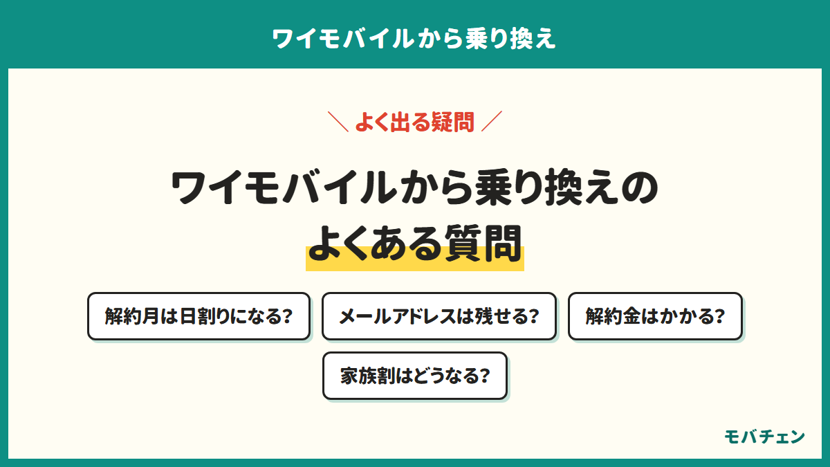 ワイモバイルから乗り換えのよくある質問。解約月は日割りになる？、メールアドレスは残せる？、解約金はかかる？、家族割はどうなる？