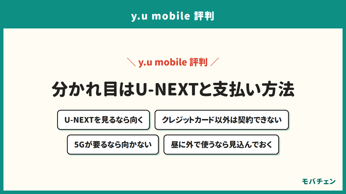 y.u mobileが向く人と向かない人を示す図。U-NEXTを見るなら向き、クレジットカード以外で払いたい人や5Gが必要な人は契約できないか使えない