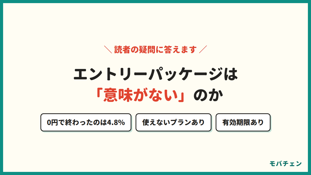 エントリーパッケージは意味がないのかを検証することを示す図。0円で終わったのは4.8%、使えないプランや有効期限がある