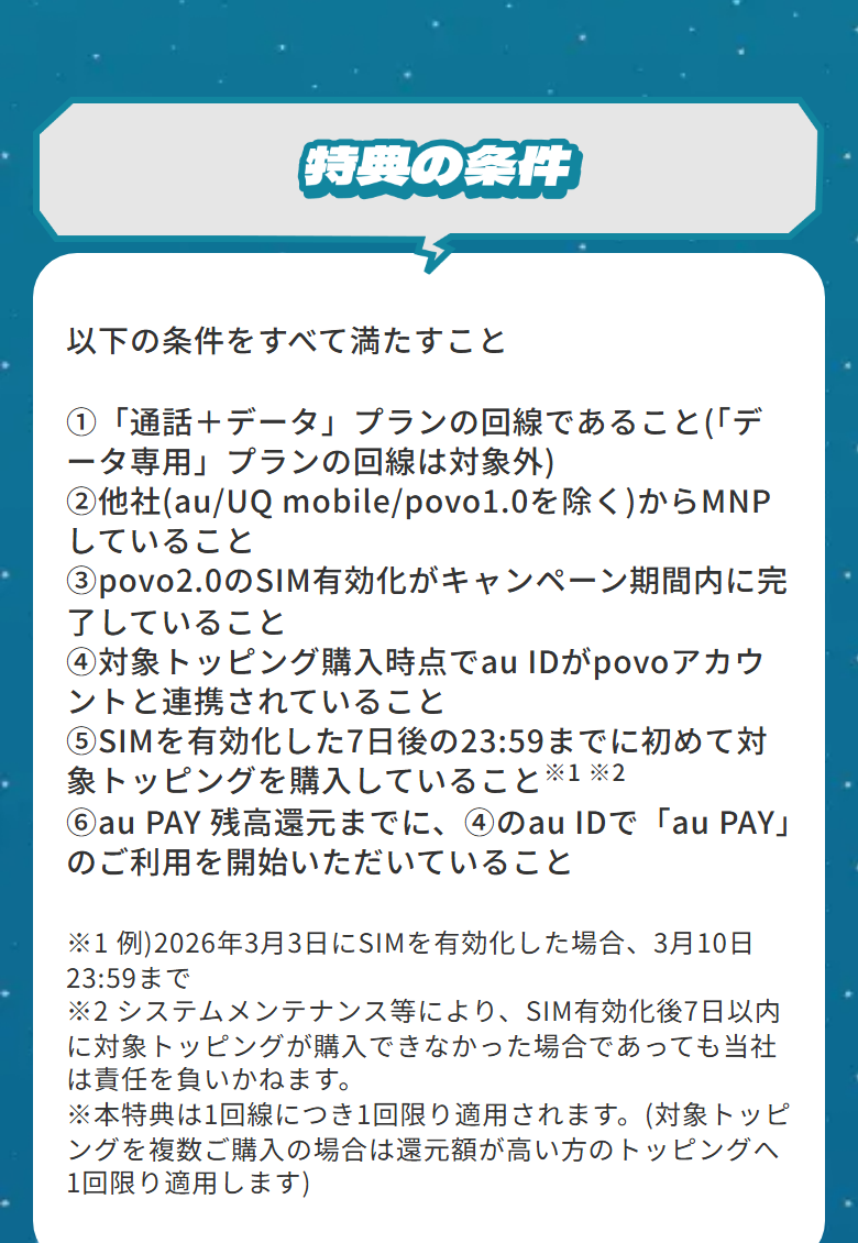 povo公式の特典の条件。通話＋データプランの回線で、au IDを連携し、SIMを有効化した7日後の23時59分までに初めて対象トッピングを購入していることなどが条件